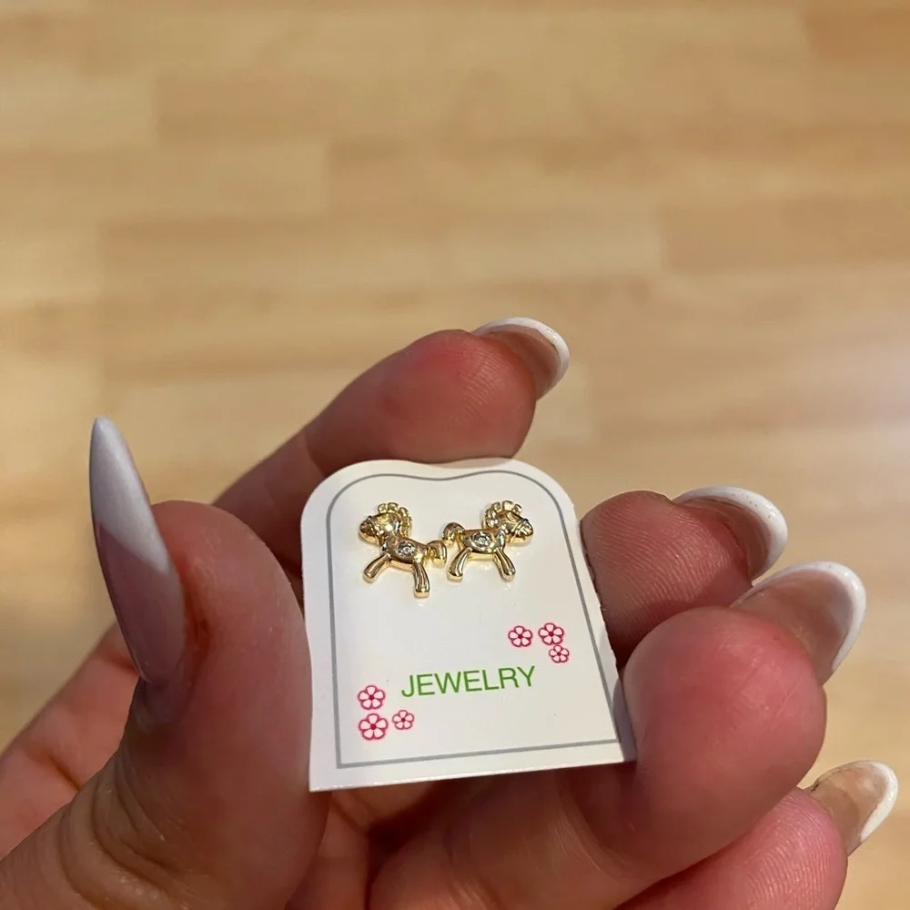 14k Gold Plated Horse CZ Baby Girls Stud Earrings